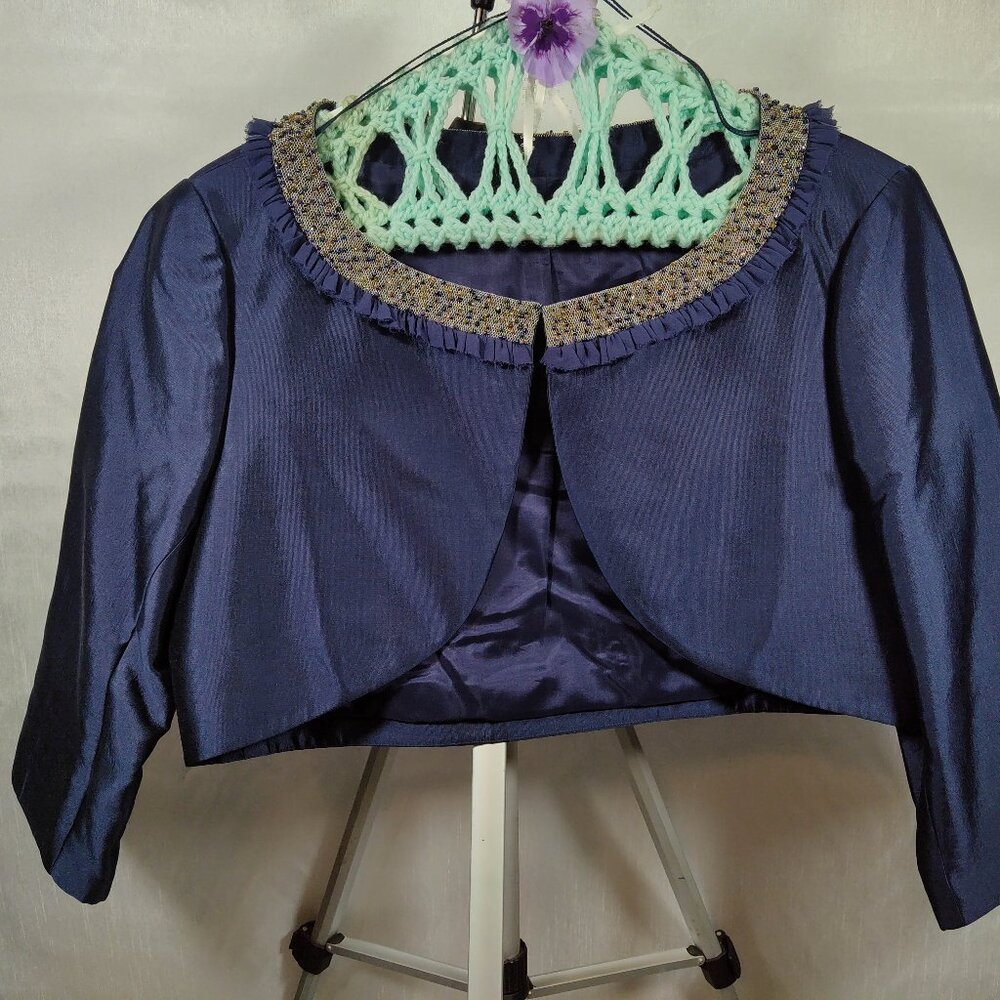 Vintage Bolero Evening Jacket in Navy Blue Silk with a Beaded Neckline - 1970s